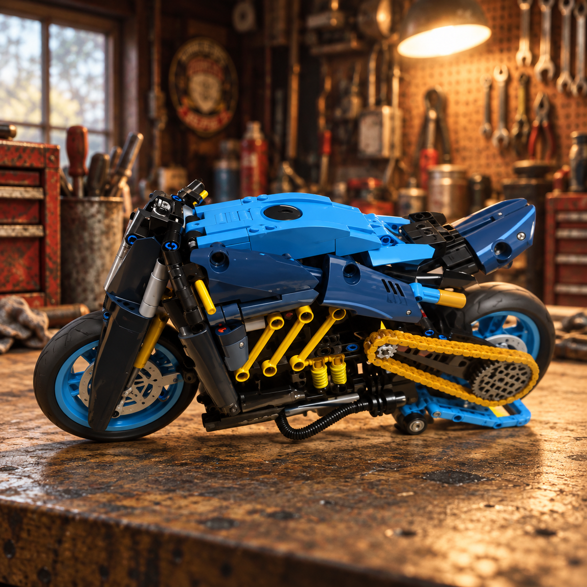 Miniatura Bugatti Diavel em oficina clássica