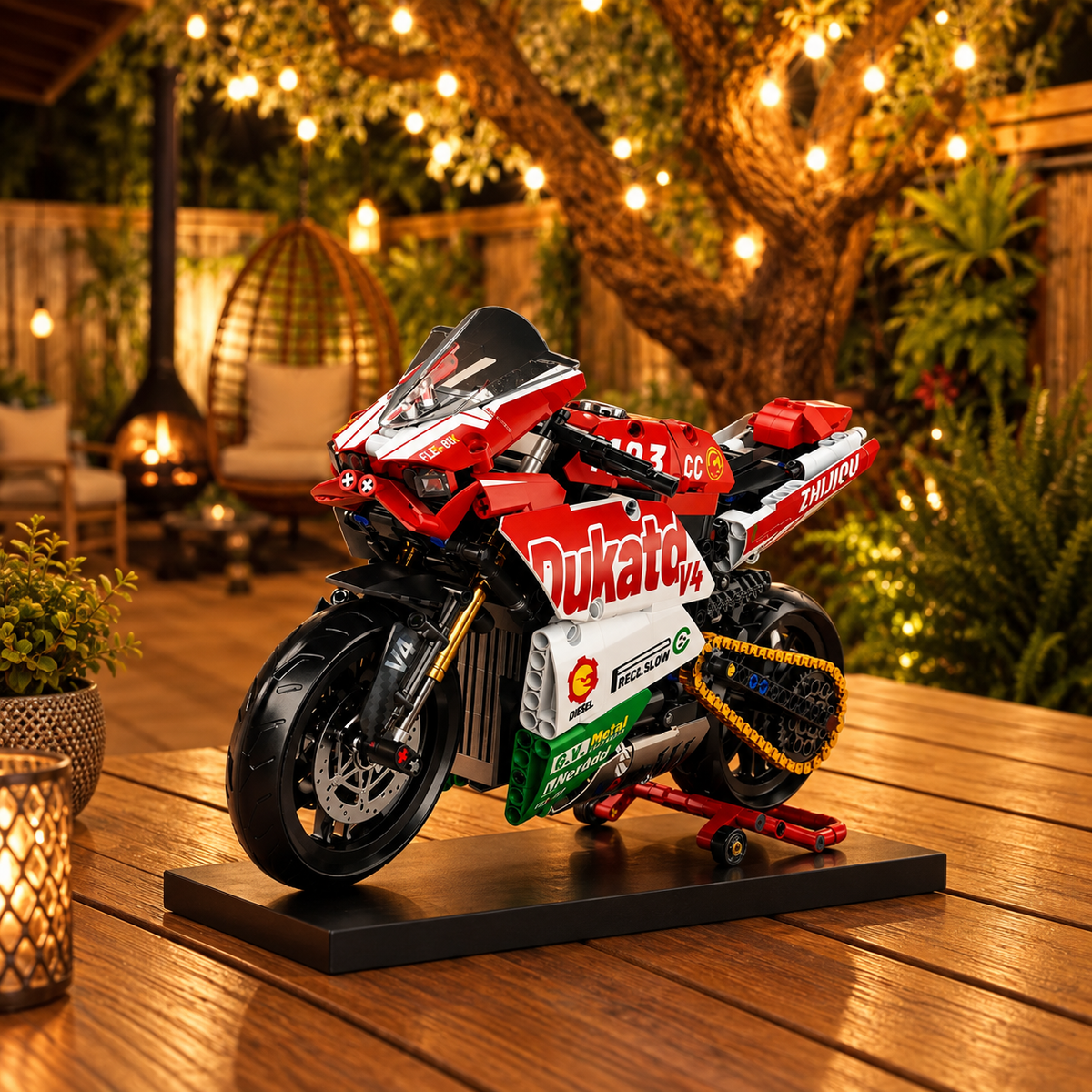 Ducati V4 em blocos exposta em varanda iluminada por luzes quentes