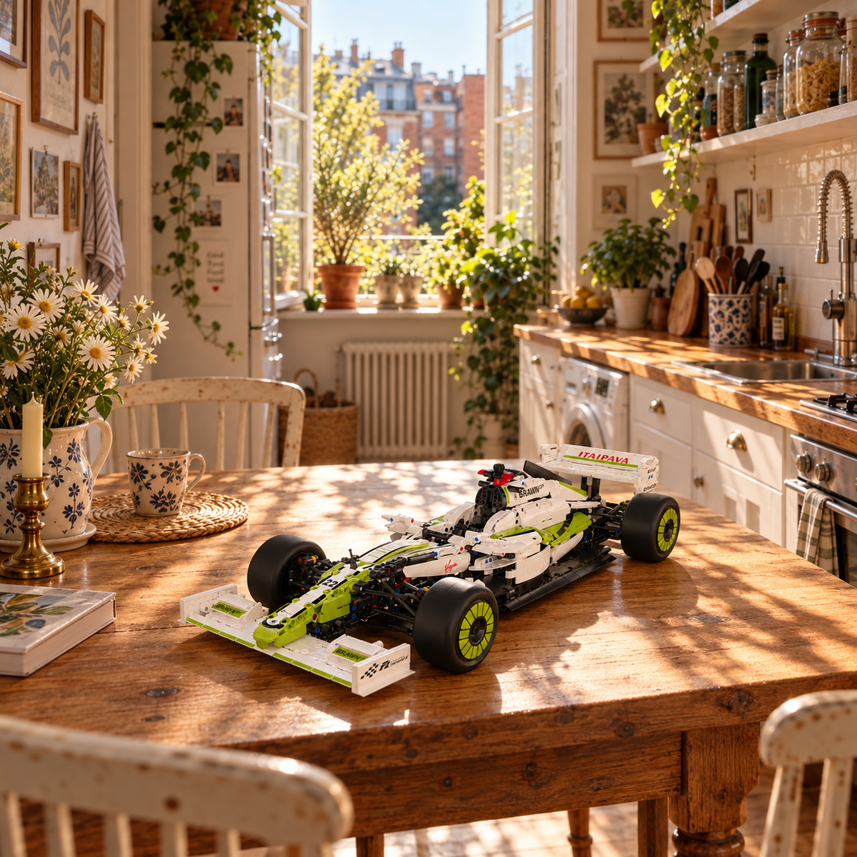 Carro de blocos verde e branco em escala 1:8 sobre mesa em cozinha ensolarada