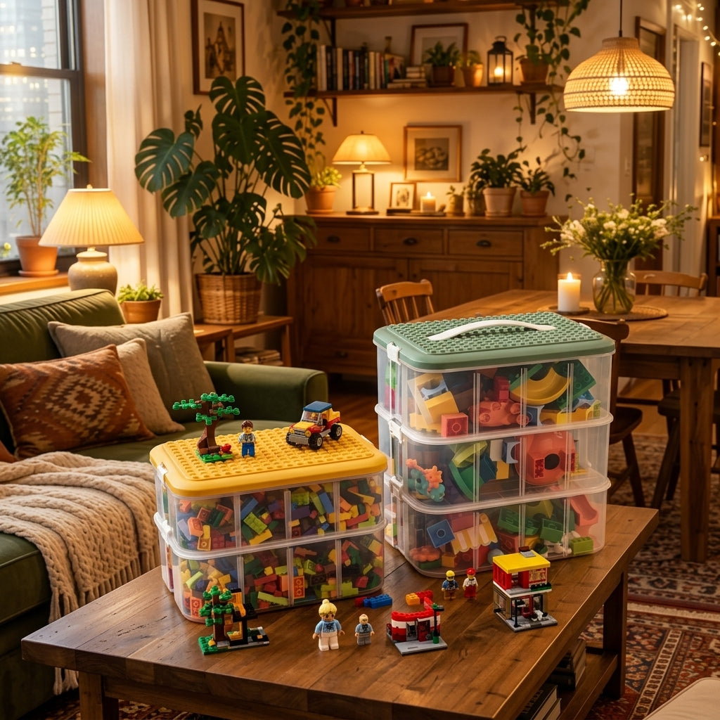 Caixa organizadora sobre bancada de montagem com miniaturas em sala aconchegante