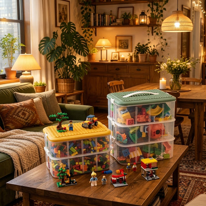 Caixa organizadora sobre bancada de montagem com miniaturas em sala aconchegante