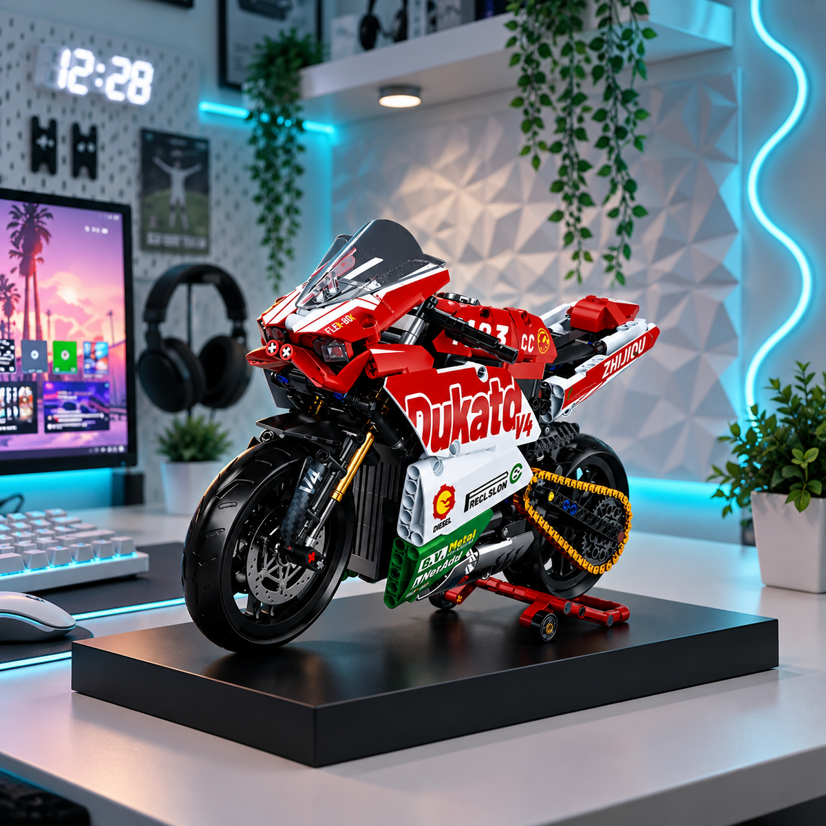 Modelo Ducati V4 vermelho, branco e verde em setup gamer com iluminação azul