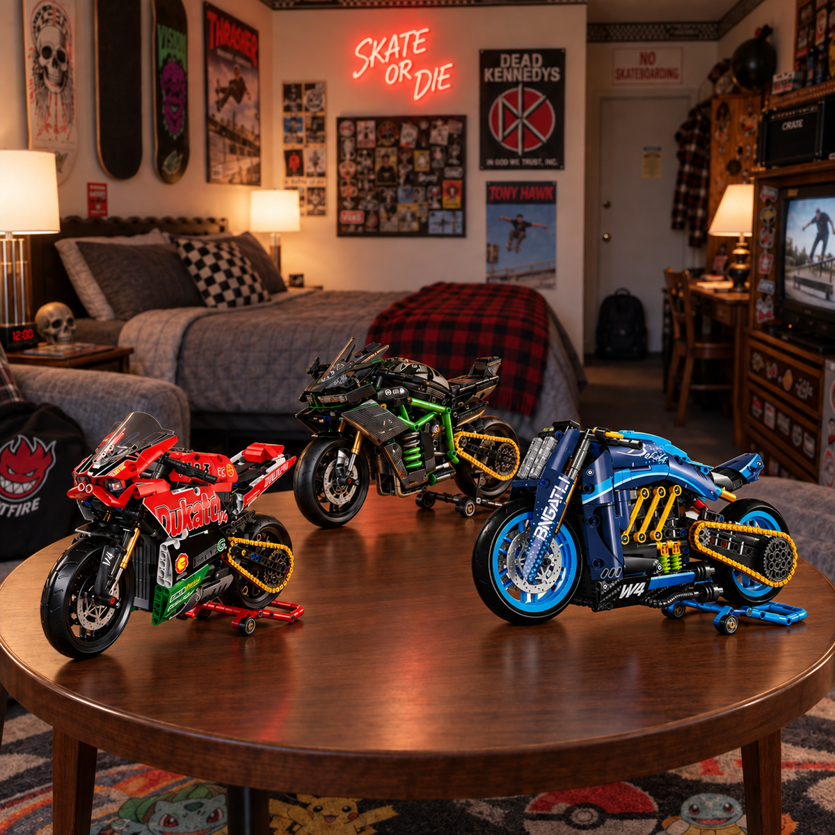 Trio de miniaturas Ducati V4, Kawasaki MG03 e moto conceito W4 em quarto gamer