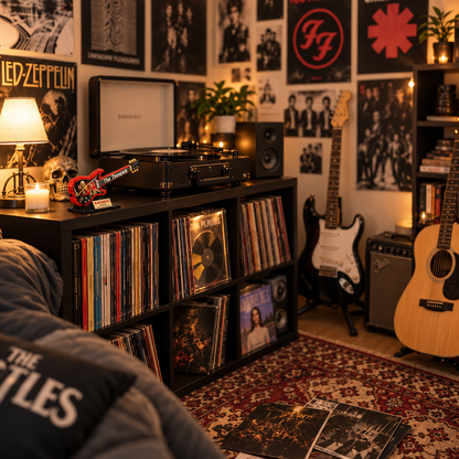 Miniatura da guitarra Iron Maiden The Trooper em uma sala de música com discos de vinil.