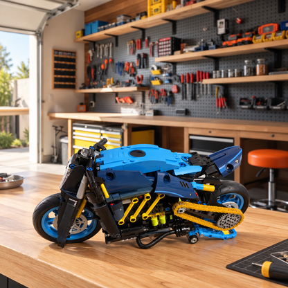 Miniatura Bugatti Diavel em garagem organizada