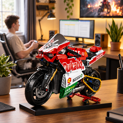 Ducati V4 em blocos em sala de jogos com iluminação quente