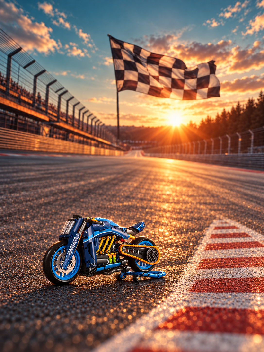 Moto conceito W4 em miniatura no autódromo com bandeira