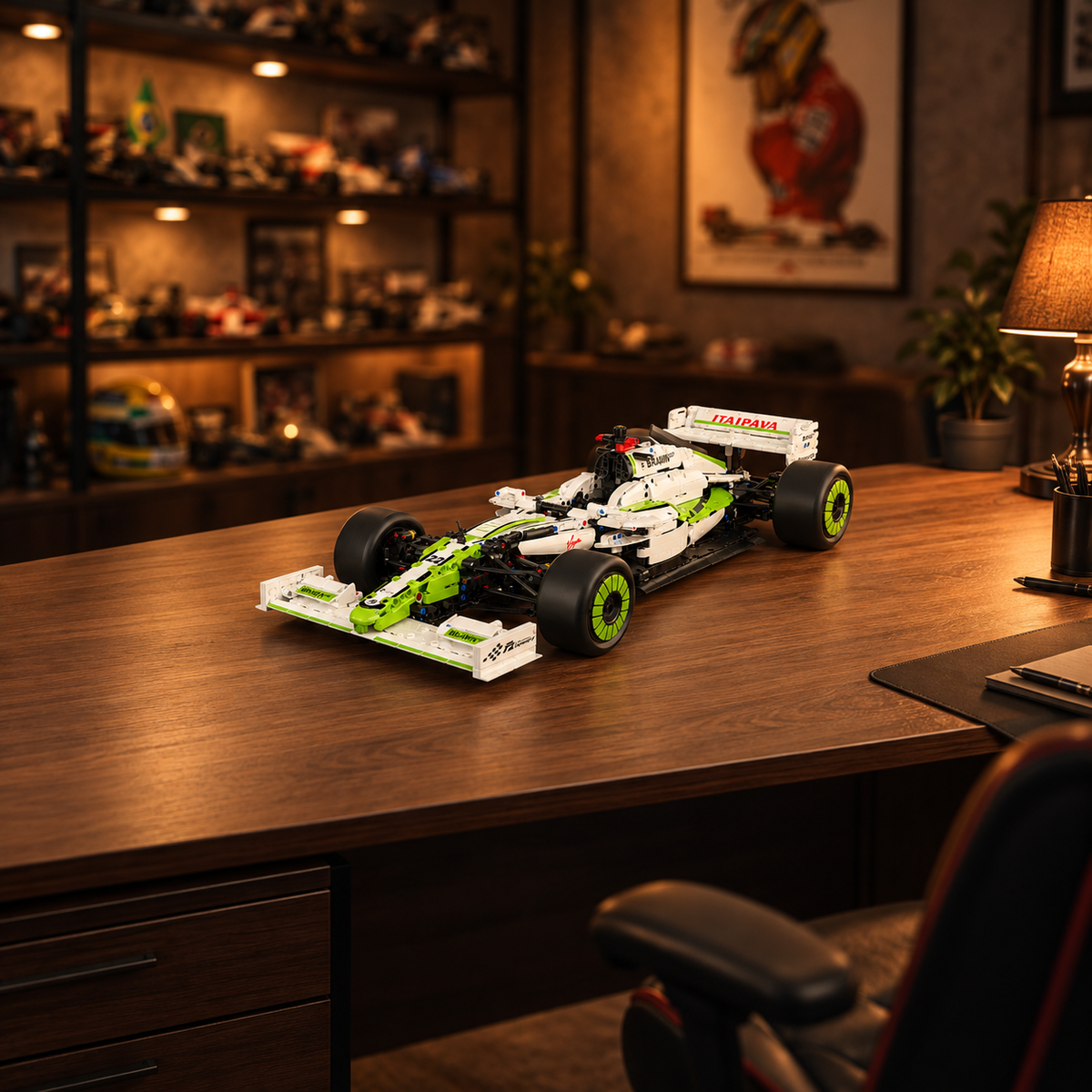 Carro de blocos verde e branco em escala 1:8 sobre mesa em escritório de colecionador