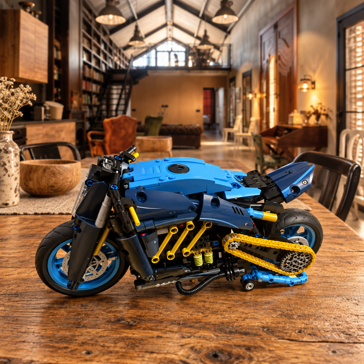 Miniatura Bugatti Diavel em loft com mesa de madeira