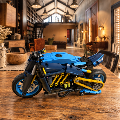 Miniatura Bugatti Diavel em loft com mesa de madeira