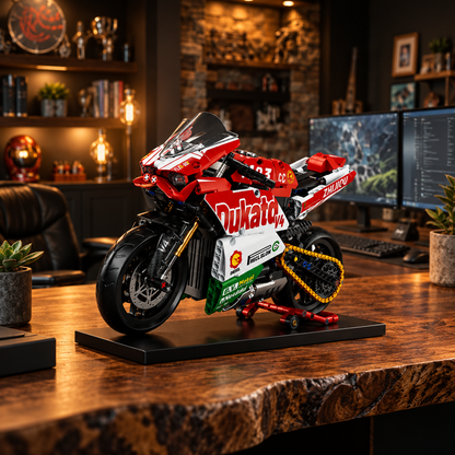 Miniatura Ducati V4 em escritório escuro com mesa de madeira