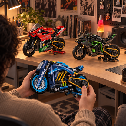 Duas miniaturas sobre a mesa e a moto conceito W4 sendo segurada