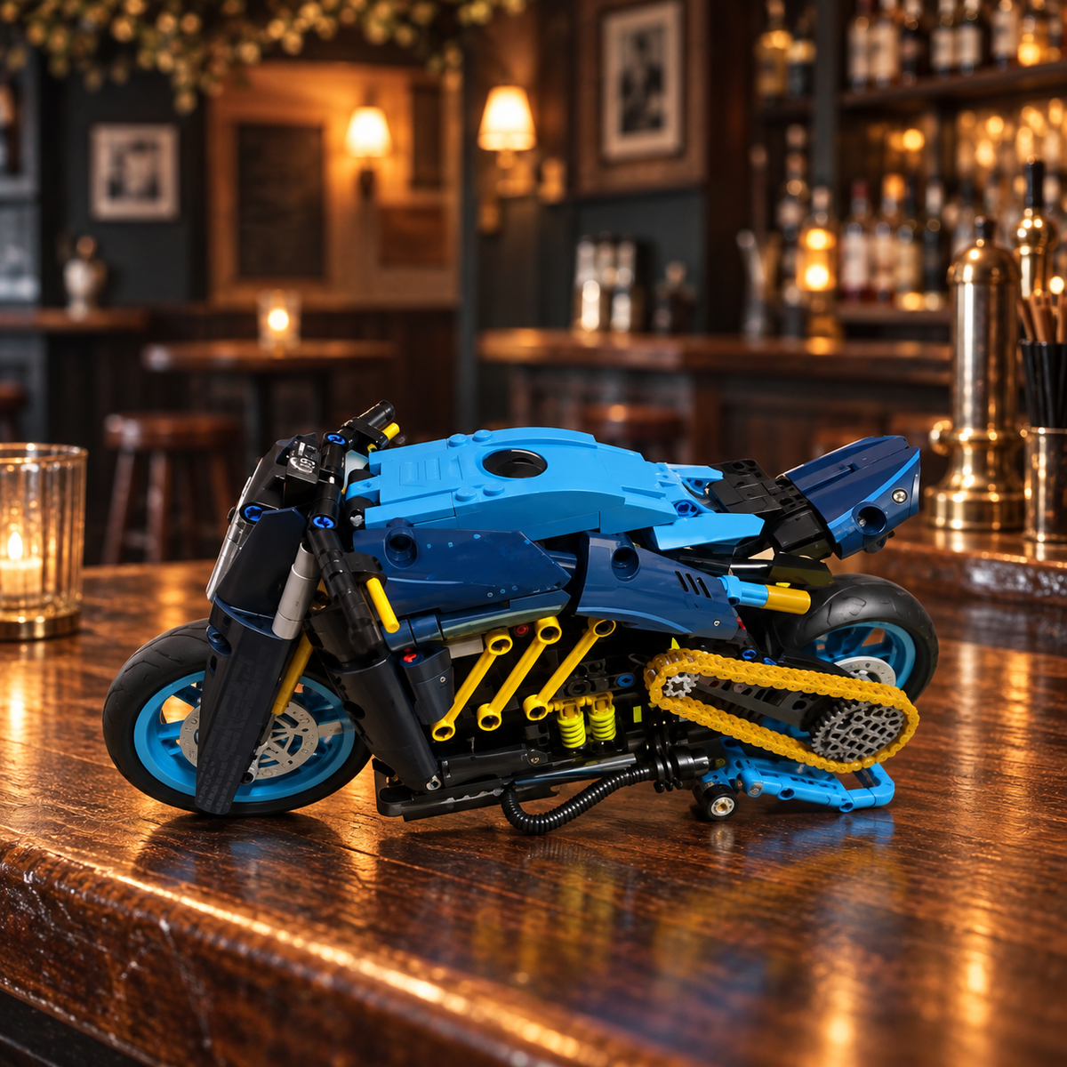 Miniatura Bugatti Diavel em bar com iluminação quente