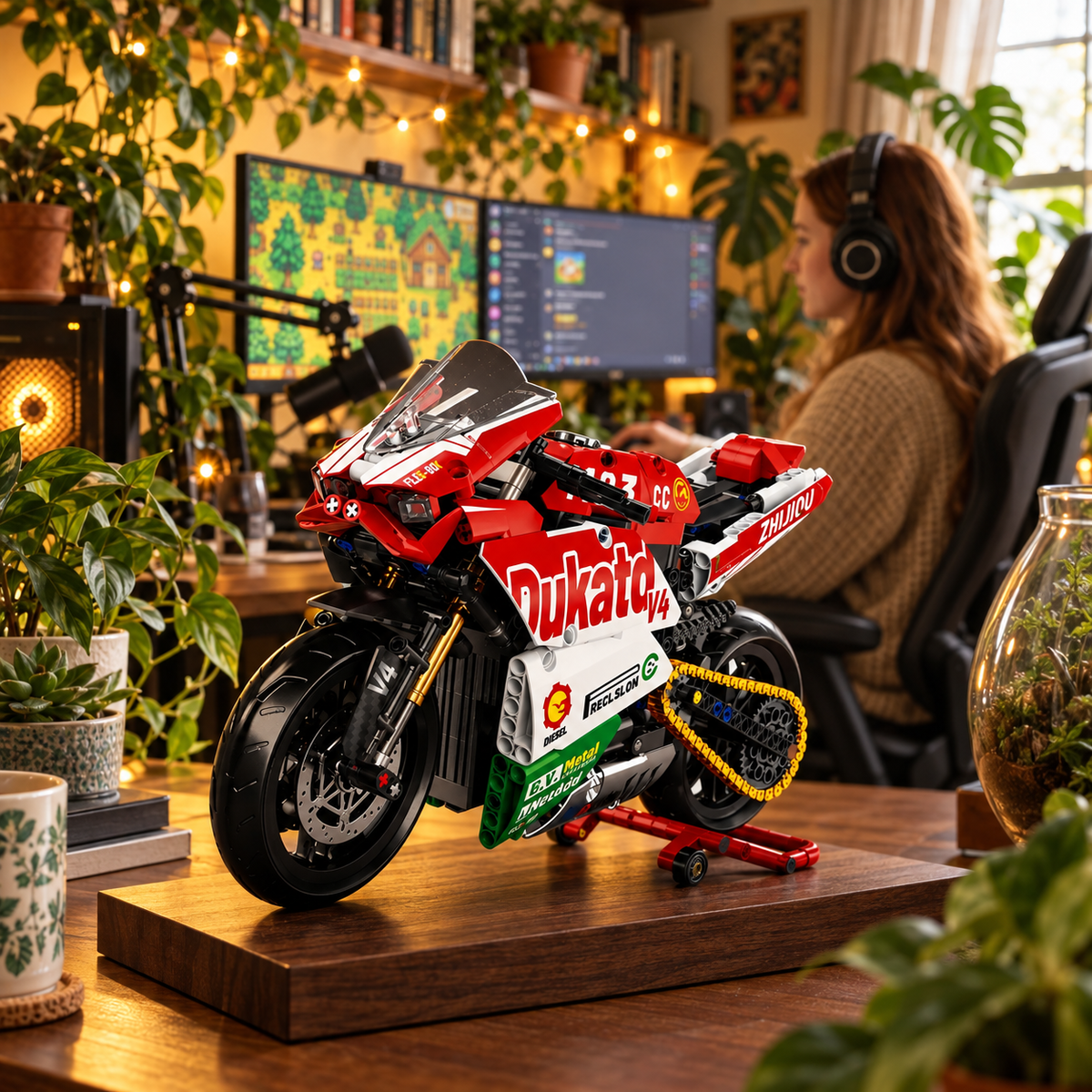Ducati V4 em blocos em setup gamer com plantas