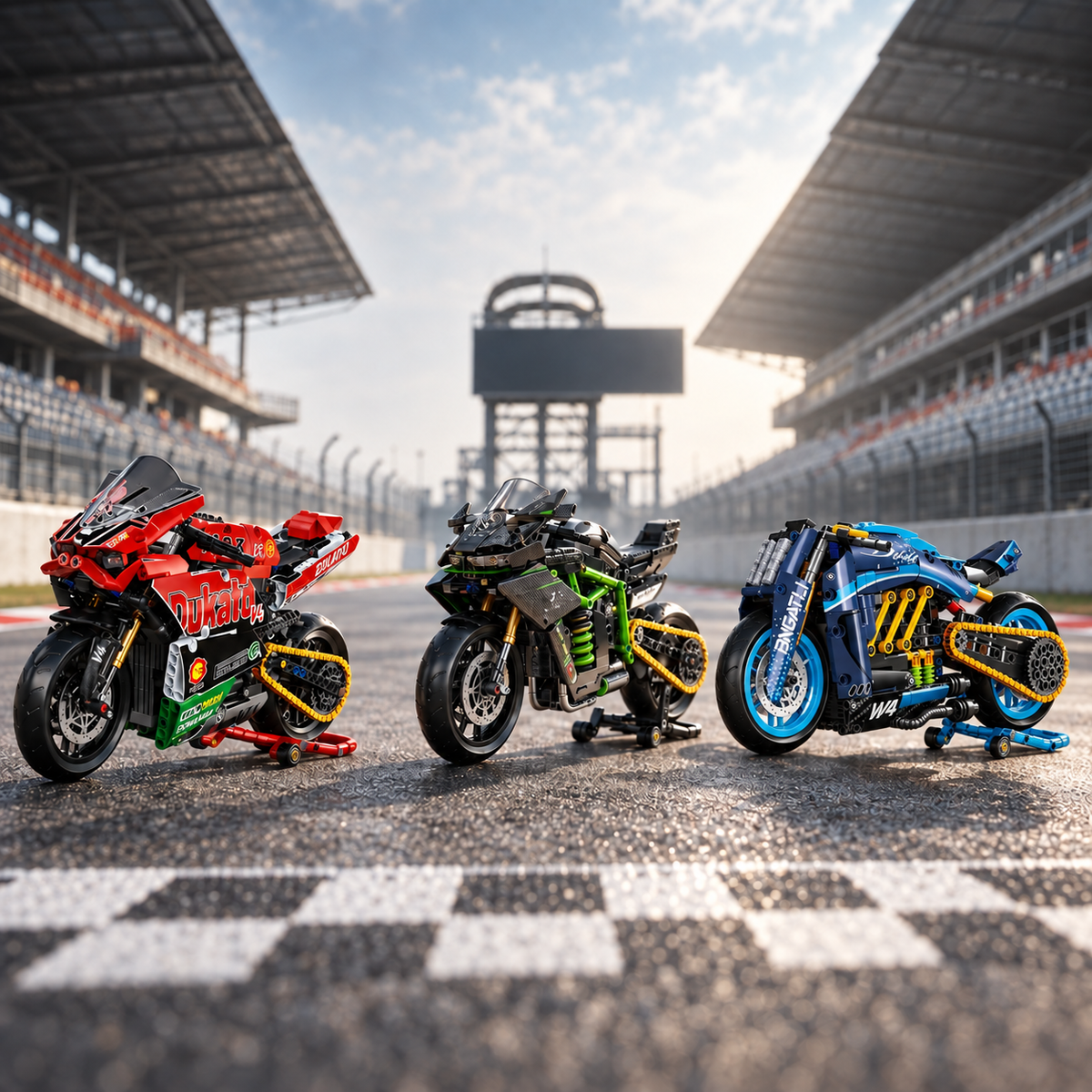 Trio de miniaturas Ducati V4, Kawasaki MG03 e moto conceito W4 no autódromo
