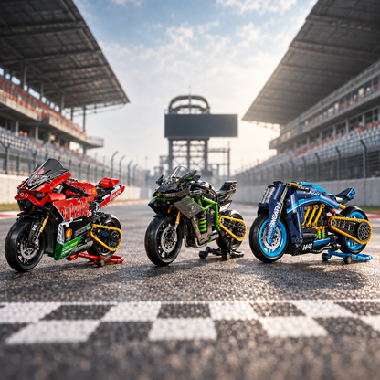 Trio de miniaturas Ducati V4, Kawasaki MG03 e moto conceito W4 no autódromo