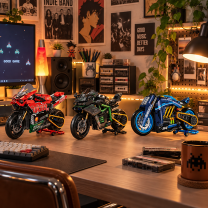 Trio de miniaturas Ducati V4, Kawasaki MG03 e moto conceito W4 em estúdio criativo