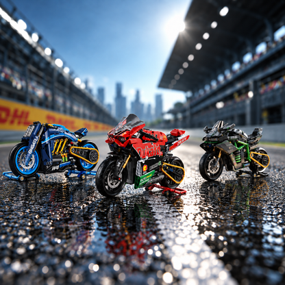 Trio de miniaturas Ducati V4, Kawasaki MG03 e moto conceito W4 em pista molhada