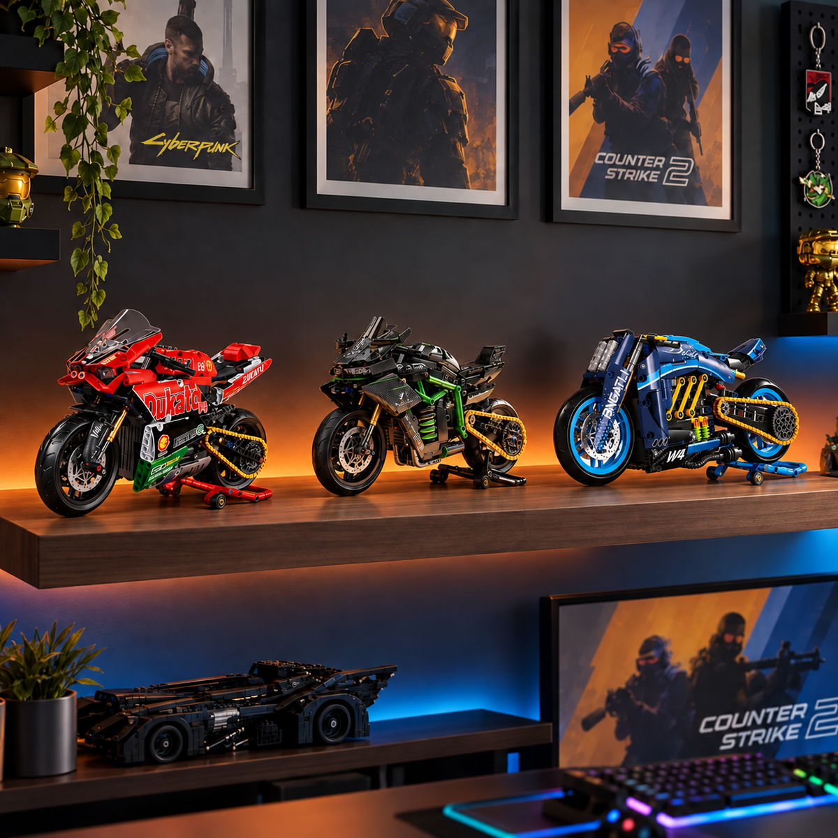 Trio de miniaturas Ducati V4, Kawasaki MG03 e moto conceito W4 em estante de coleção