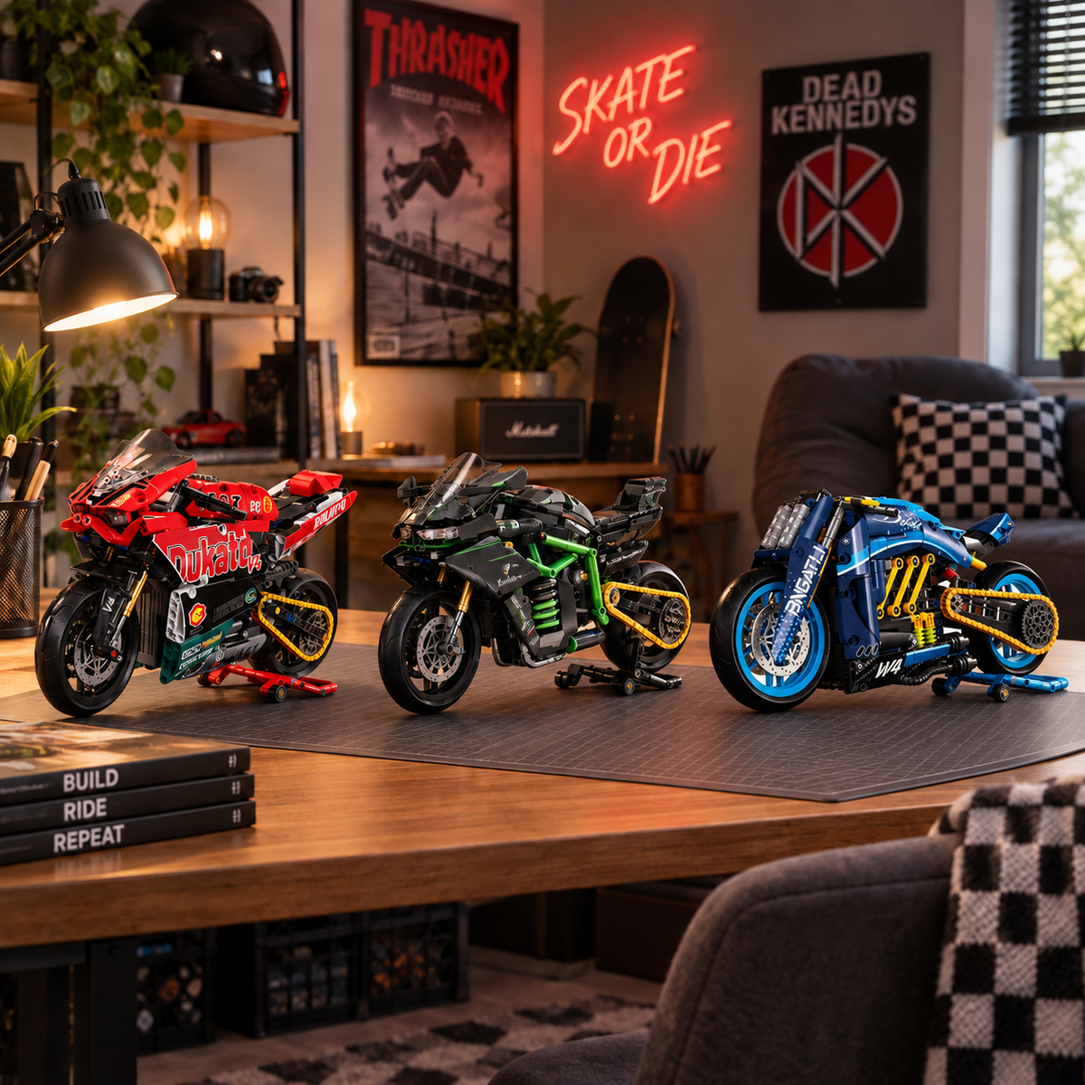 Trio de miniaturas Ducati V4, Kawasaki MG03 e moto conceito W4 em mesa de hobby