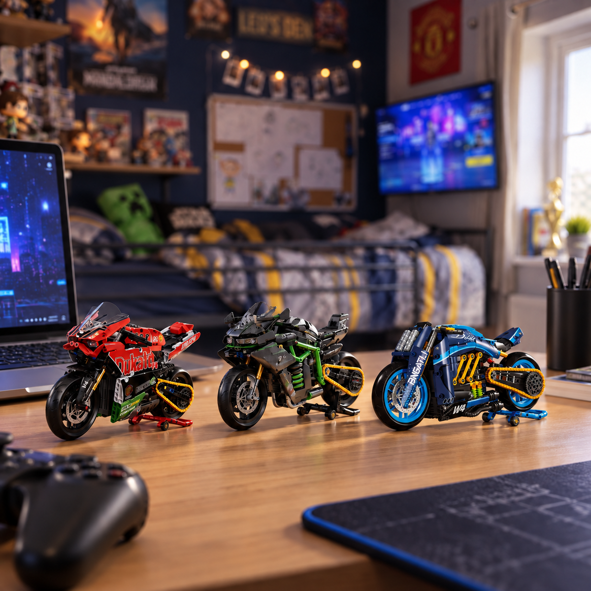 Trio de miniaturas Ducati V4, Kawasaki MG03 e moto conceito W4 em quarto gamer com iluminação