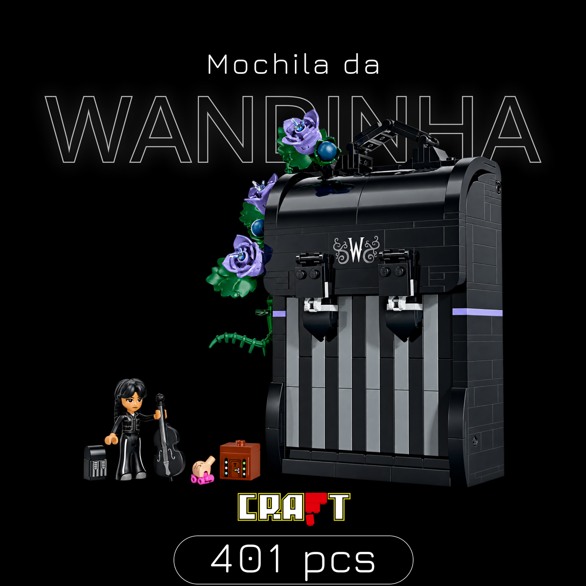 Capa 01 do conjunto LEGO Mochila da Wandinha (76787, 401 peças).