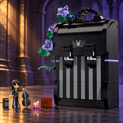 Cena 04: Mochila da Wandinha em um ambiente de pedra escura com iluminação âmbar e violeta.
