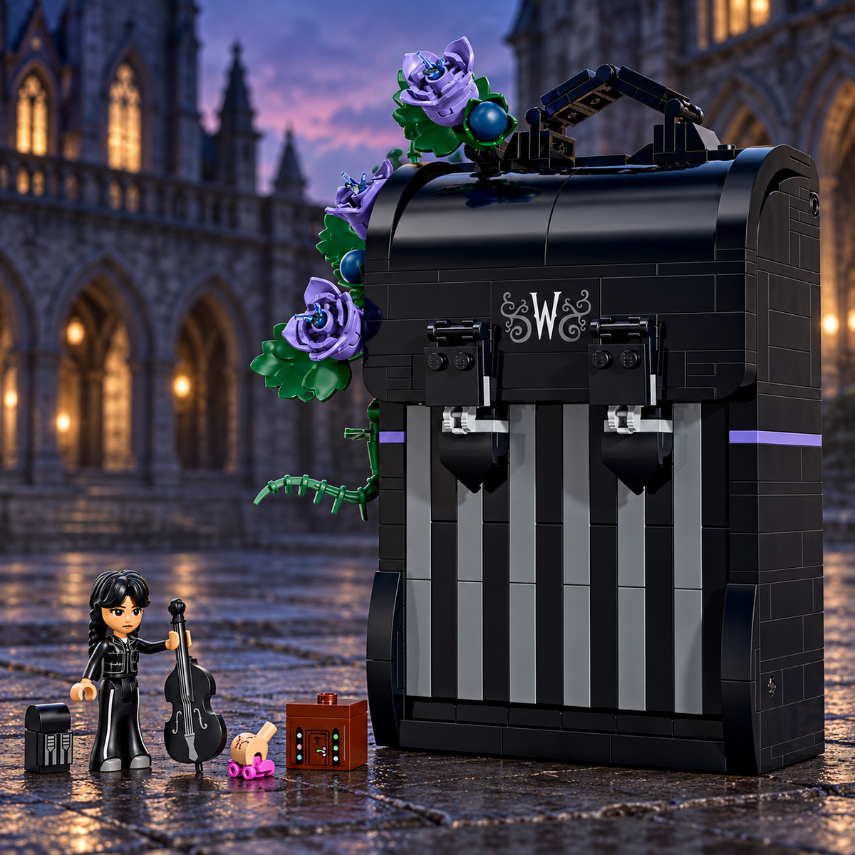 Cena 05: Mochila da Wandinha em um pátio gótico ao crepúsculo.