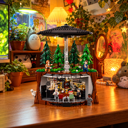 Cena 01: conjunto LEGO Arquivo X em ambiente temático, fotografia de produto ambientada.