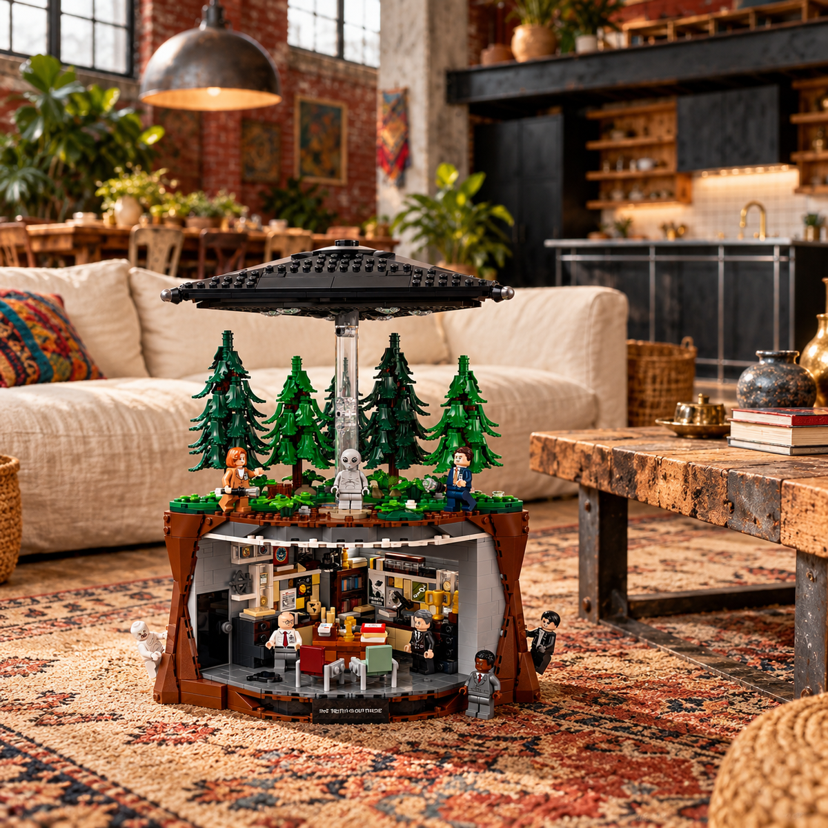 Cena 04: conjunto LEGO Arquivo X em ambiente temático, fotografia de produto ambientada.