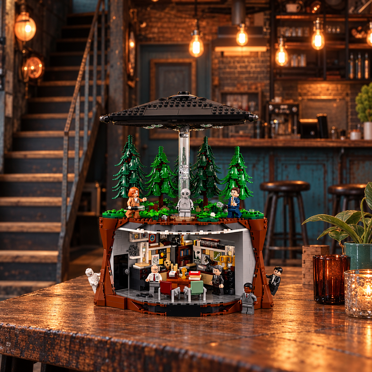 Cena 05: conjunto LEGO Arquivo X em ambiente temático, fotografia de produto ambientada.