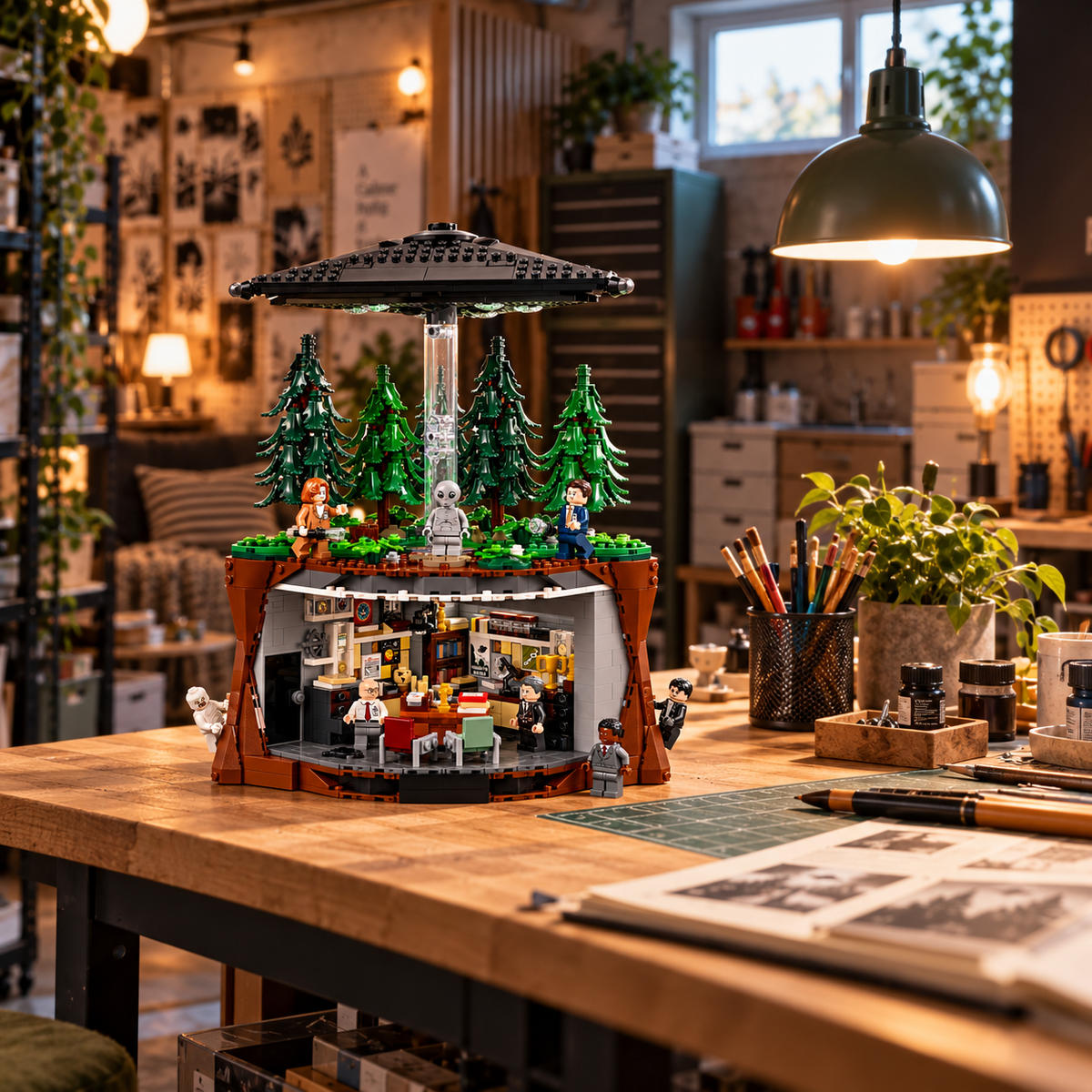 Cena 06: conjunto LEGO Arquivo X em ambiente temático, fotografia de produto ambientada.