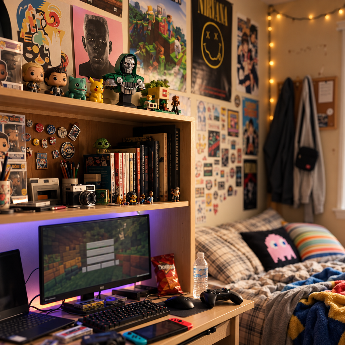 Busto de blocos exposto em uma prateleira de quarto gamer.