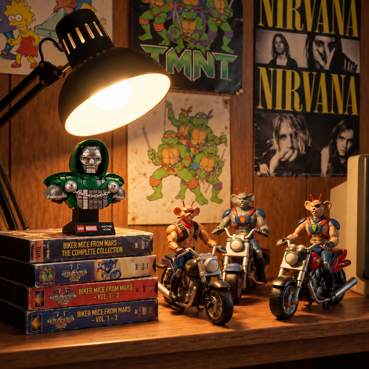 Busto de blocos exposto sobre uma pilha de livros em uma mesa de colecionador.