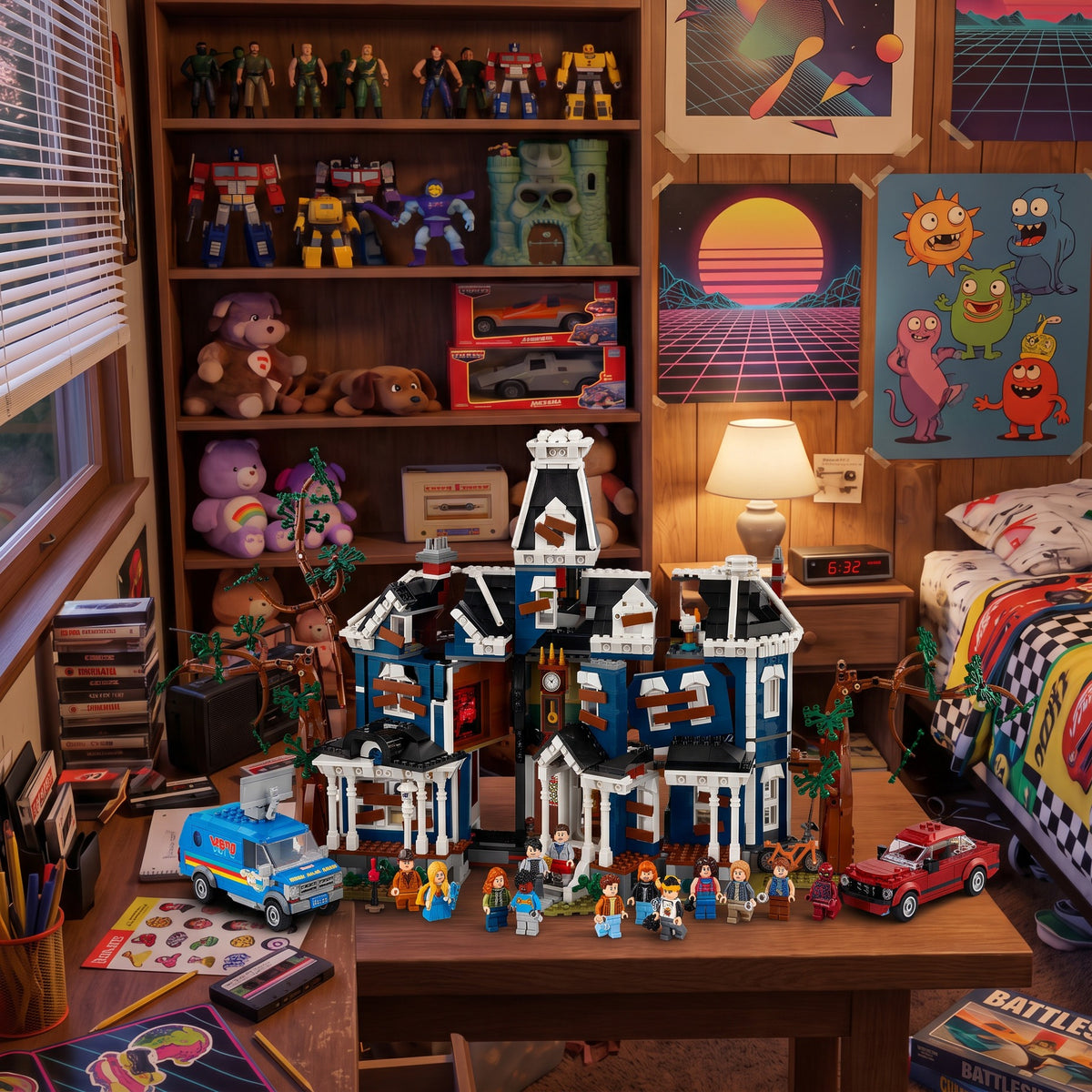 Casa dos Creel de Stranger Things em blocos de montar sobre escrivaninha em quarto infantil anos 80