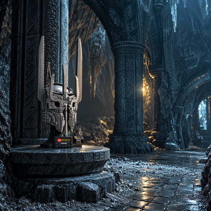 Capacete de Sauron sobre a base de pedra existente em uma caverna gelada.