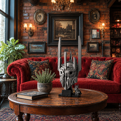 Capacete de Sauron em destaque diante do sofá vermelho.