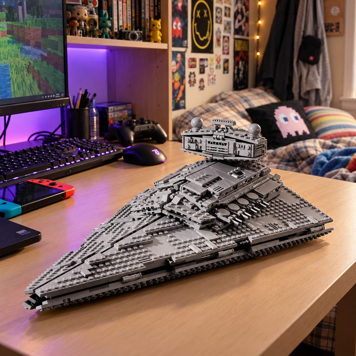 Destruidor Estelar Imperial ambientado em um quarto gamer com computador e coleção exposta