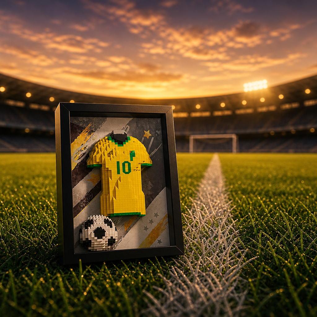 Porta-Retrato Camisa Futebol Amarela e Verde N10 em gramado de estadio ao entardecer - Brics Craft - corte 1x1