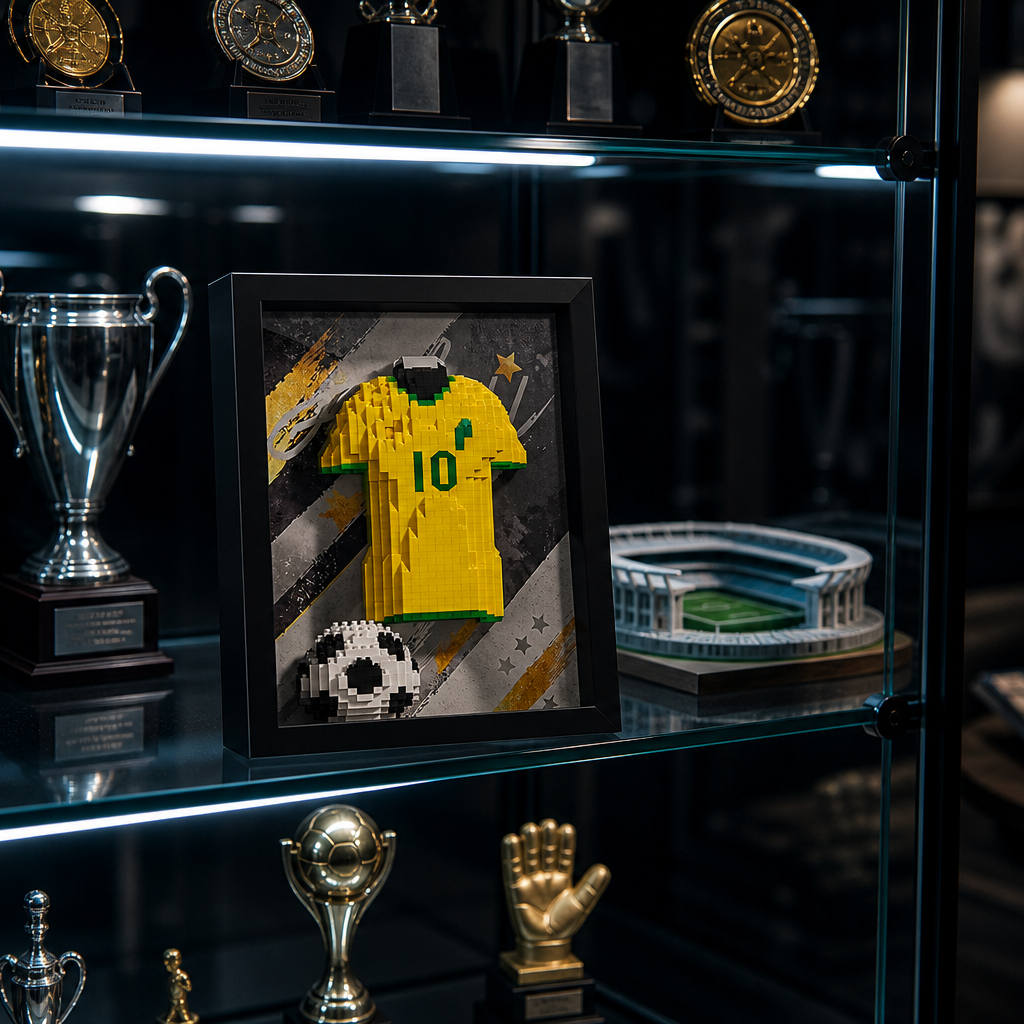 Porta-Retrato Camisa Futebol Amarela e Verde N10 em vitrine premium de colecionador - Brics Craft - corte 1x1