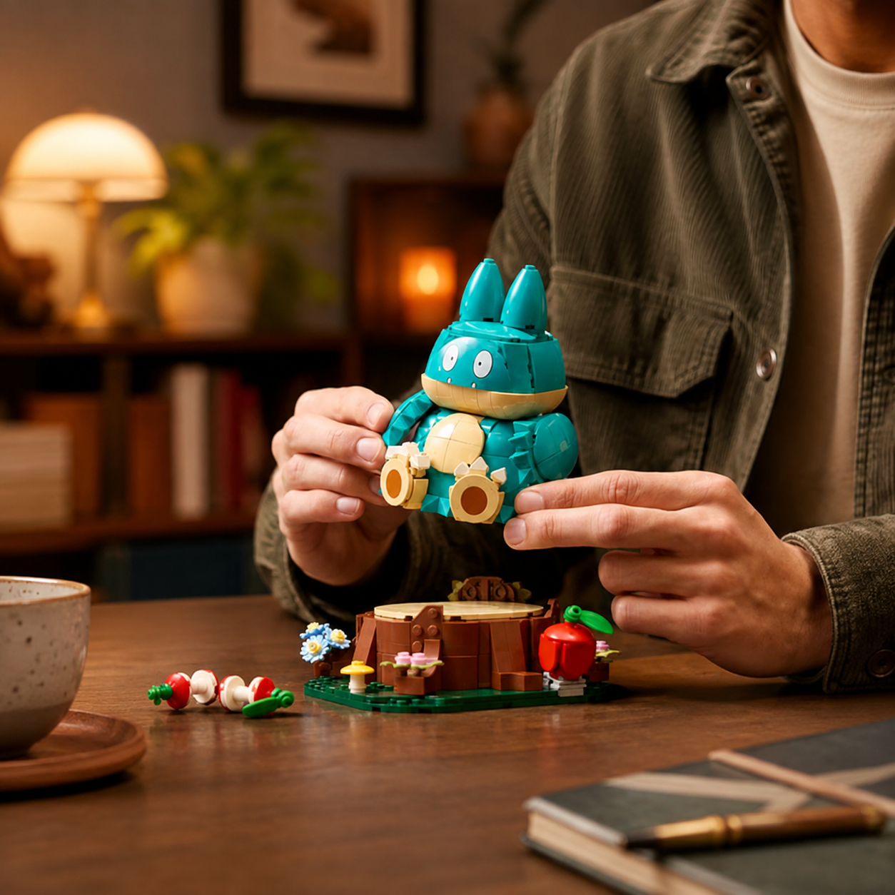 Munchlax em mãos mostrando a figura e a base separadamente