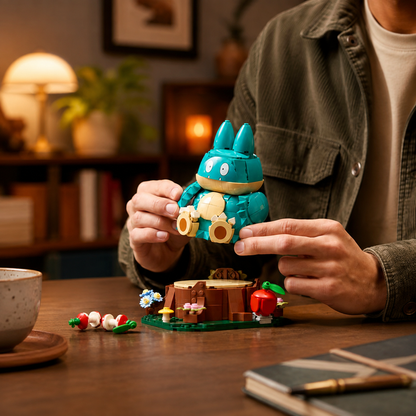 Munchlax em mãos mostrando a figura e a base separadamente