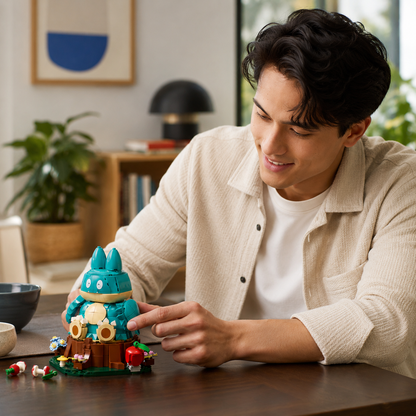 Pessoa montando o Munchlax sobre a base decorativa