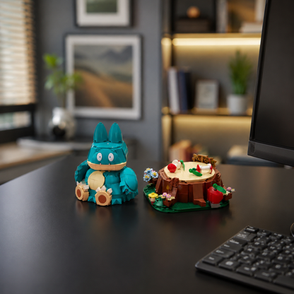 Munchlax e base decorativa em mesa de trabalho