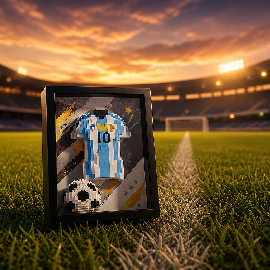 Porta-Retrato Camisa Futebol Azul e Branco N10 em gramado de estadio ao entardecer - Brics Craft 20260605-014205