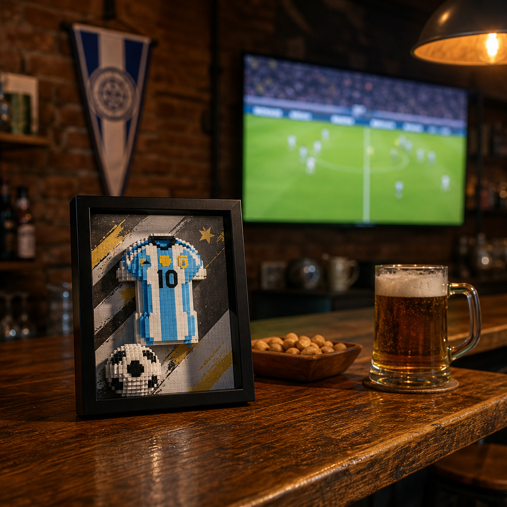 Porta-Retrato Camisa Futebol Azul e Branco N10 em bar esportivo residencial - Brics Craft 20260605-014205