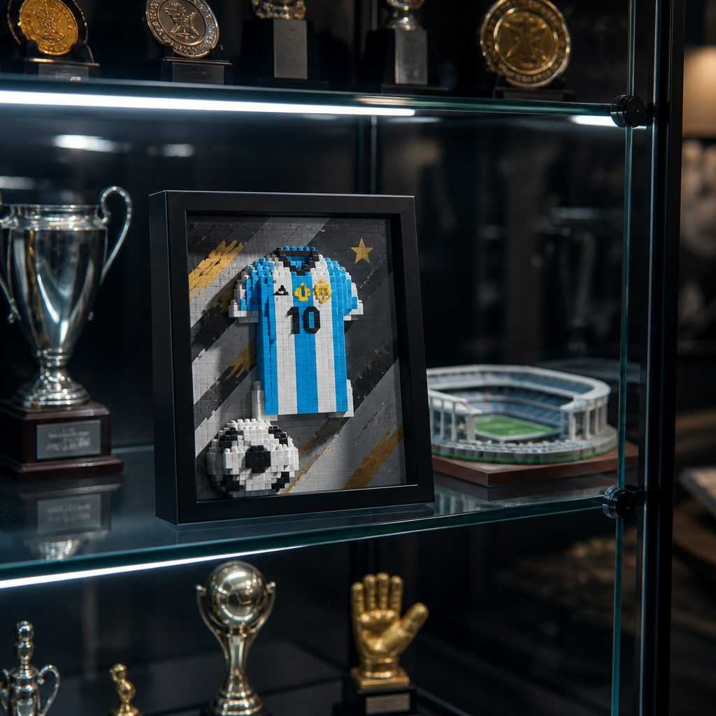 Porta-Retrato Camisa Futebol Azul e Branco N10 em vitrine premium de colecionador - Brics Craft 20260605-014205
