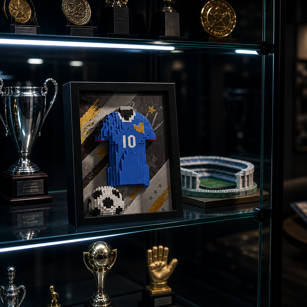 Porta-Retrato Camisa Futebol Azul N10 em vitrine premium de colecionador - Brics Craft 20260605-014205