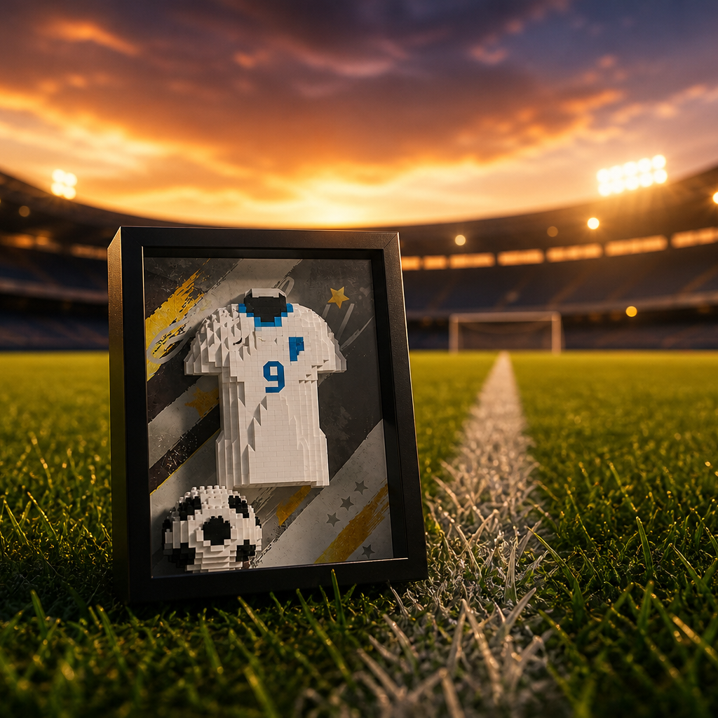 Porta-Retrato Camisa Futebol Branca N9 em gramado de estadio ao entardecer - Brics Craft 20260605-014205