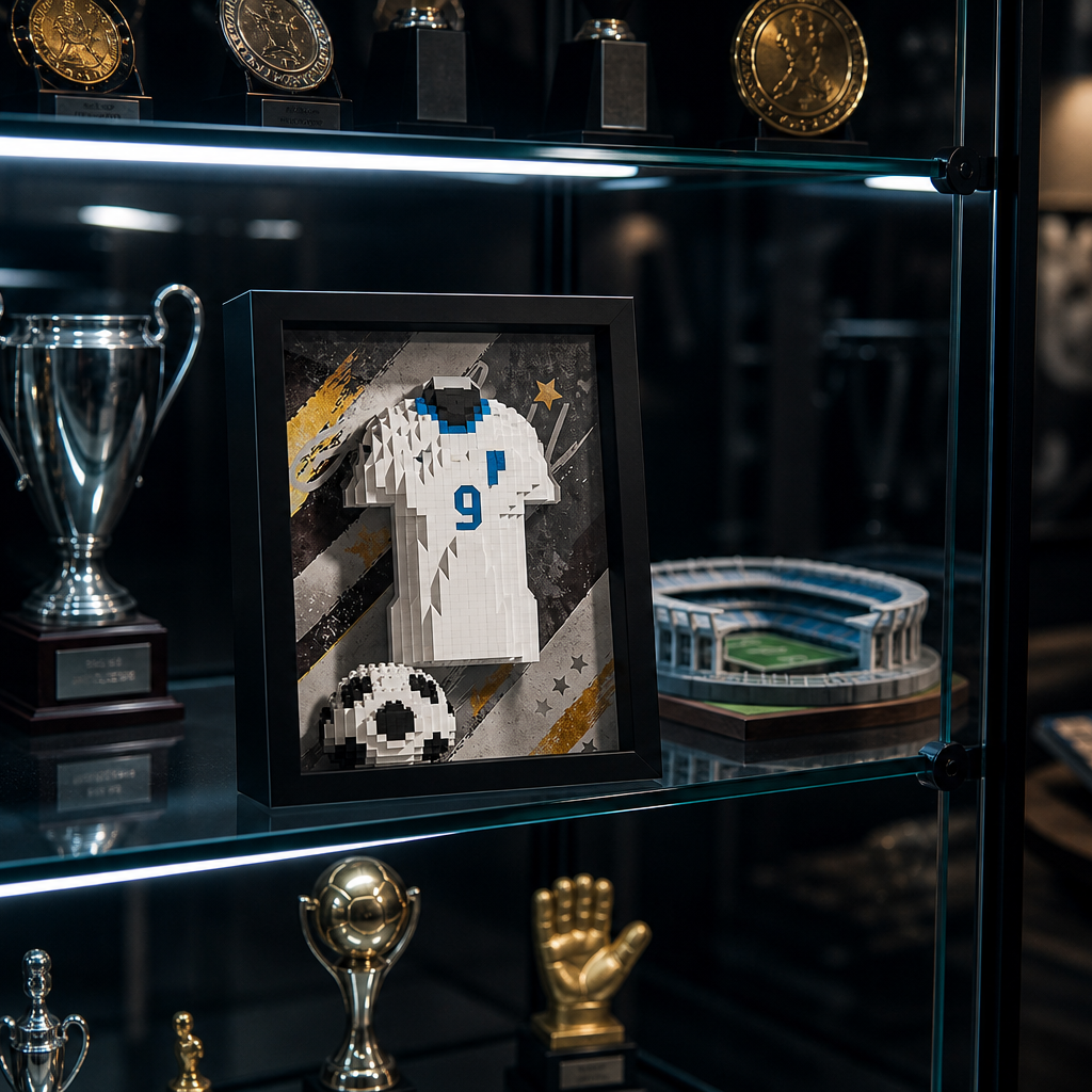 Porta-Retrato Camisa Futebol Branca N9 em vitrine premium de colecionador - Brics Craft 20260605-014205